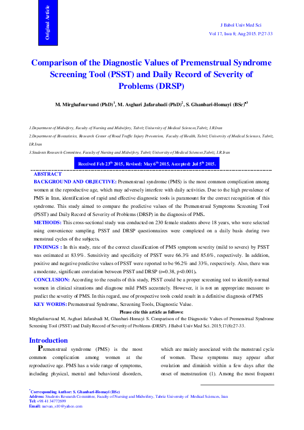 (PDF) Comparison of the Diagnostic Values of Premenstrual Syndrome ...