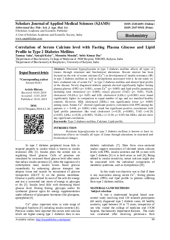 (PDF) Correlation of Serum Calcium level with Fasting Plasma Glucose ...