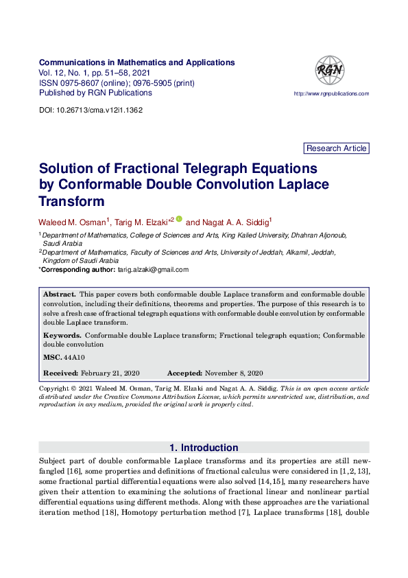 (PDF) Solution of Fractional Telegraph Equations by Conformable Double ...