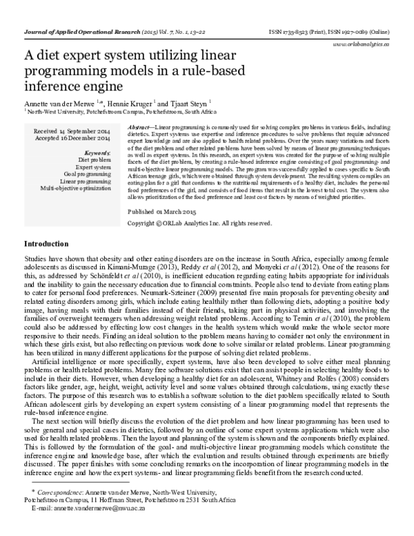 (PDF) Expert System for Diet Planning via LP Models