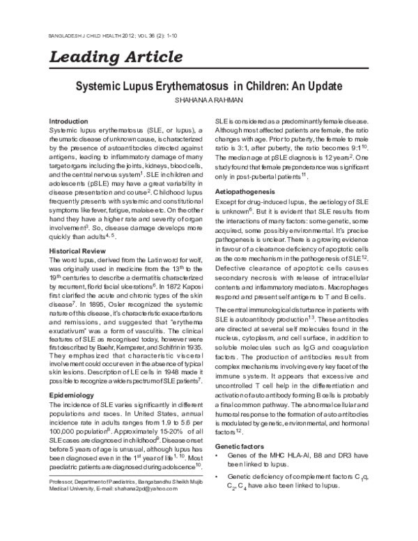 (PDF) Systemic Lupus Erythematosus in Children: An Update