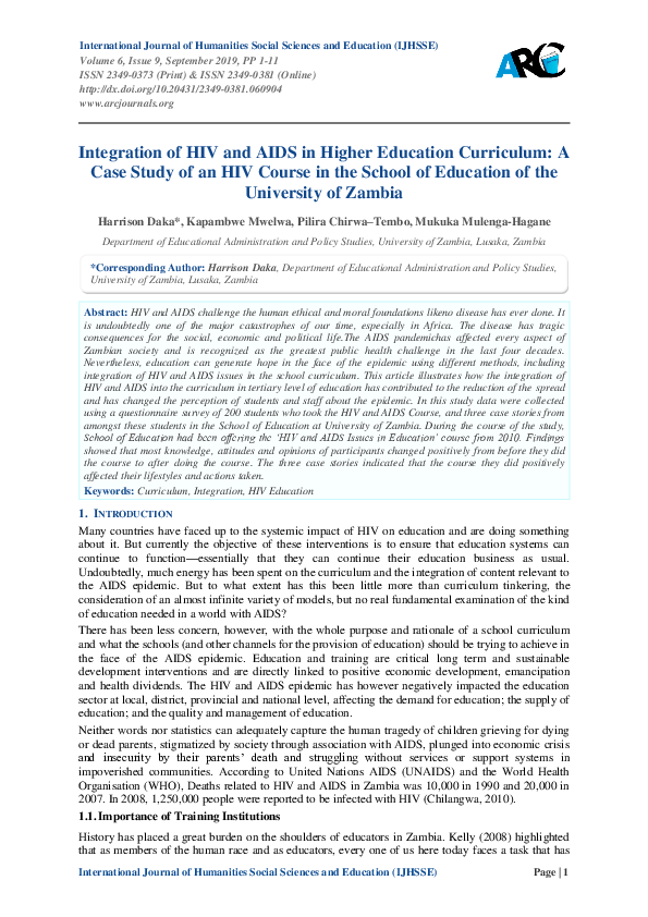 (PDF) Integration of HIV and AIDS in Higher Education Curriculum: A ...