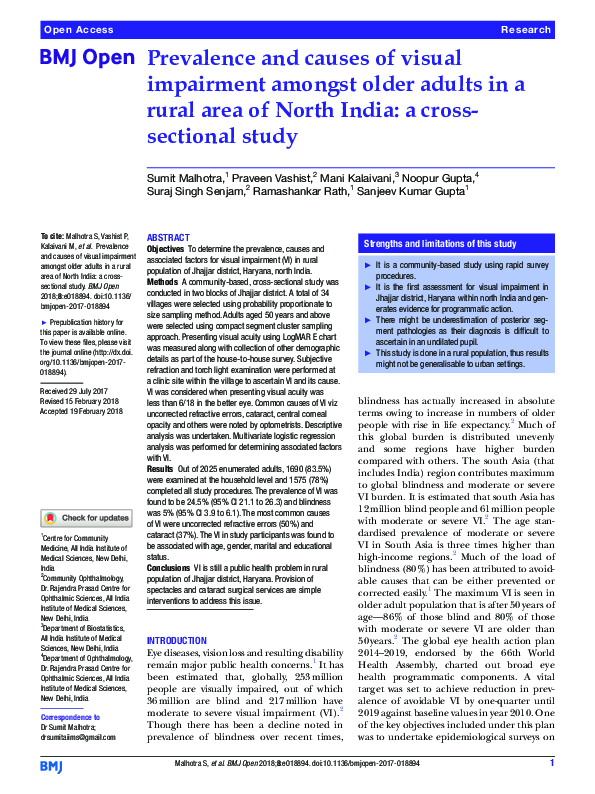 (PDF) Prevalence and causes of visual impairment amongst older adults ...