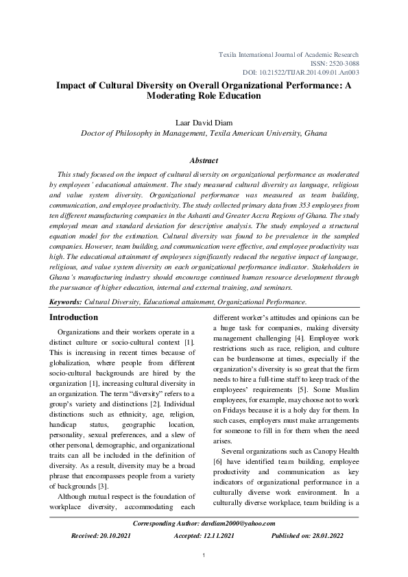 (PDF) Impact of Cultural Diversity on Overall Organizational ...