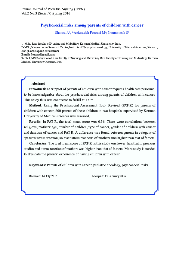 (PDF) Psychosocial risks among parents of children with cancer