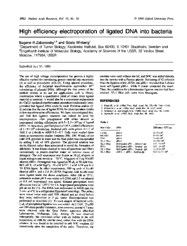 (PDF) High efficiency electroporation of ligated DNA into bacteria