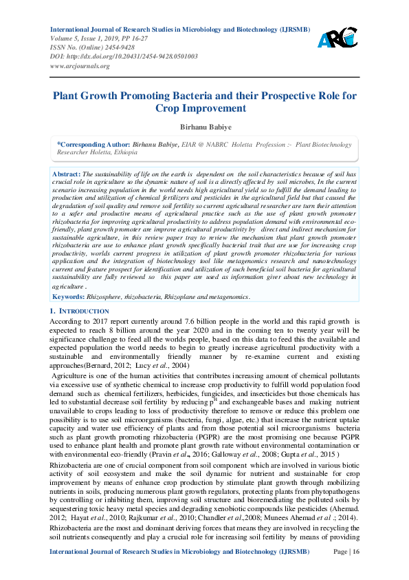 (PDF) Plant Growth Promoting Bacteria and their Prospective Role for ...