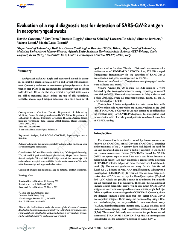 (PDF) Evaluation of a rapid diagnostic test for detection of SARS-CoV-2 ...