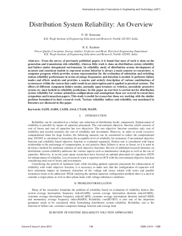 (PDF) Distribution System Reliability : An Overview