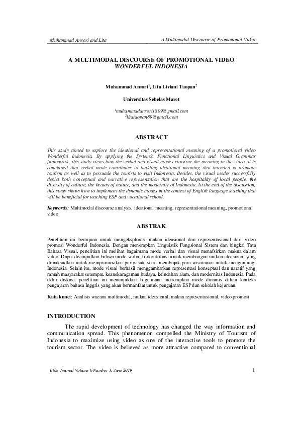  PDF A Multimodal Discourse Of Promotional Video Wonderful Indonesia 