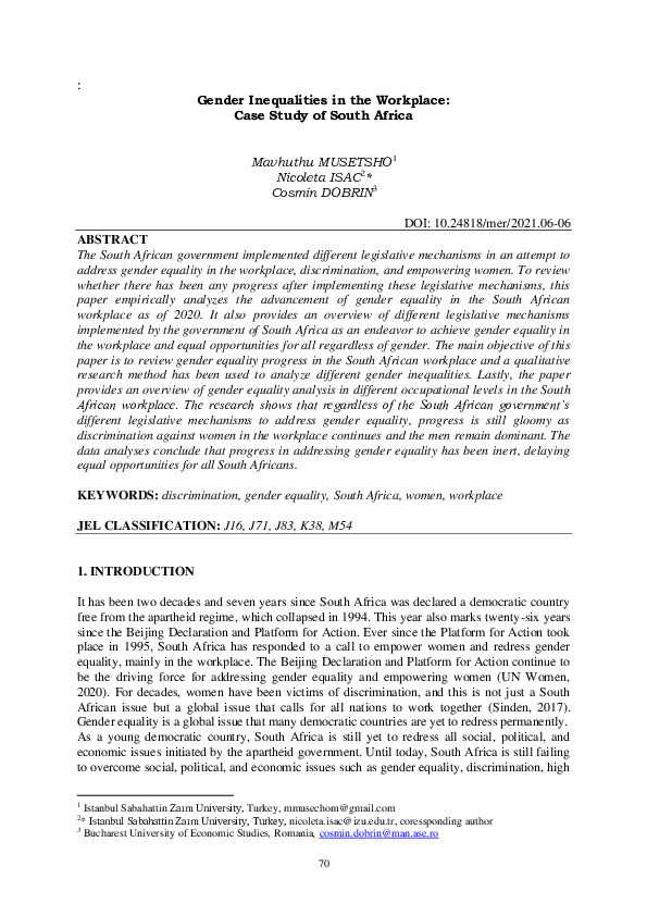 (PDF) Gender Inequalities in the Workplace: Case Study of South Africa