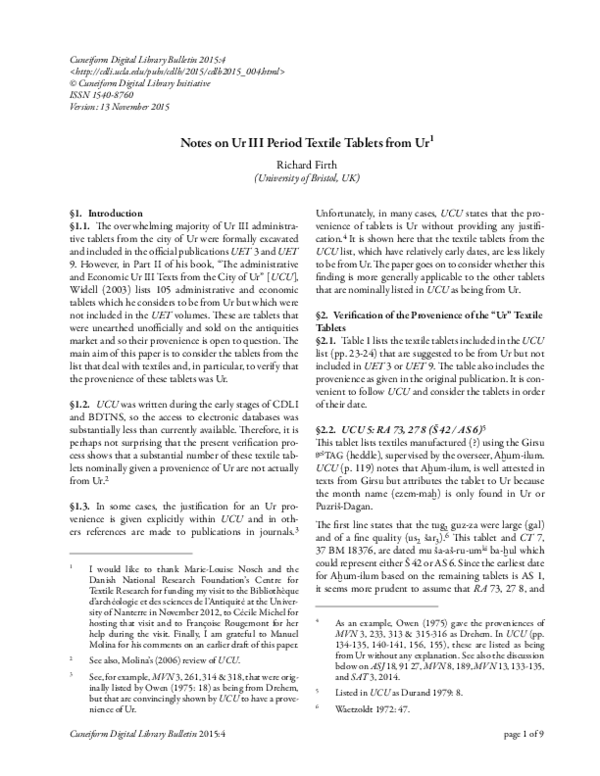 (PDF) Notes on Ur III Period Textile Tablets from Ur