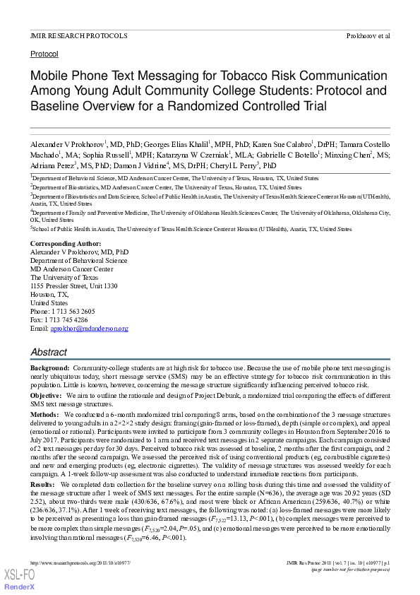 (PDF) Mobile Phone Text Messaging for Tobacco Risk Communication Among ...