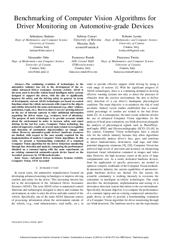 (PDF) Benchmarking of Computer Vision Algorithms for Driver Monitoring ...