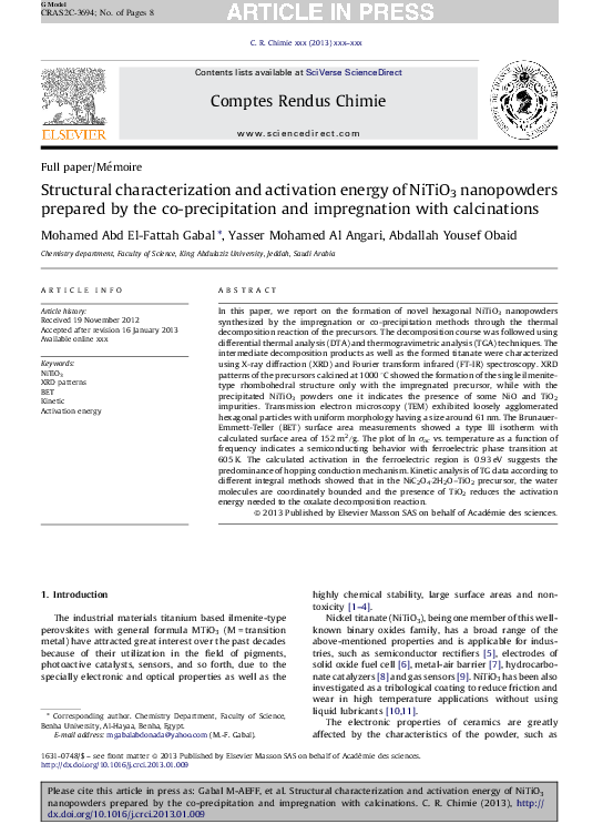 (PDF) Structural characterization and activation energy of NiTiO3 ...