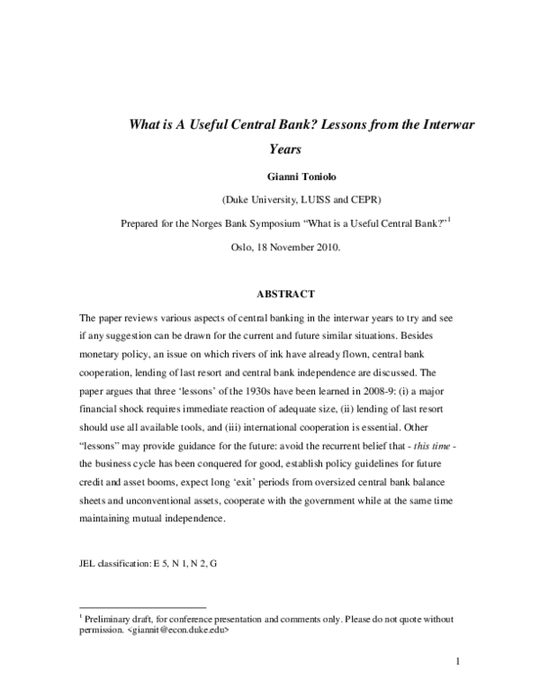(PDF) What is A Useful Central Bank? Lessons from the Interwar Years