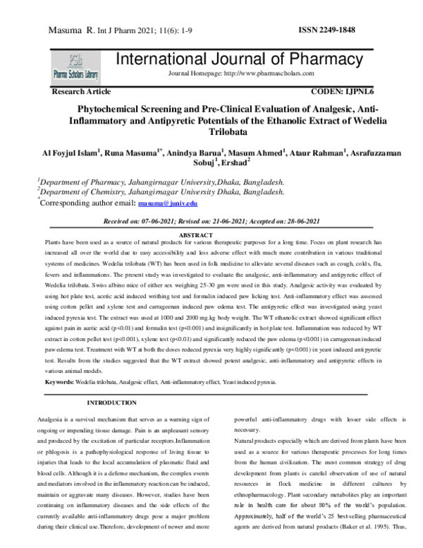 (PDF) Phytochemical Screening and Pre-Clinical Evaluation of Analgesic ...
