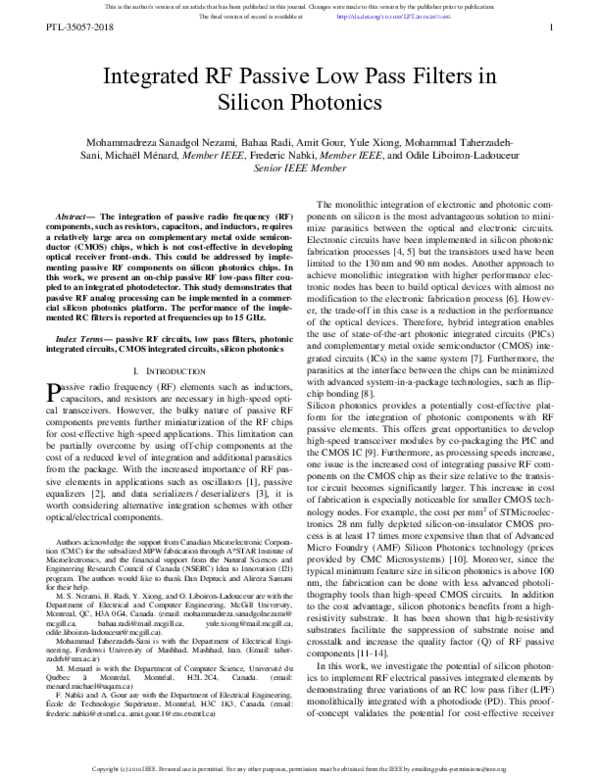 (PDF) Integrated RF Passive Low-Pass Filters in Silicon Photonics