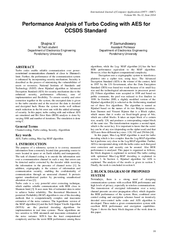 (PDF) Performance Analysis of Turbo Coding with AES for CCSDS Standard