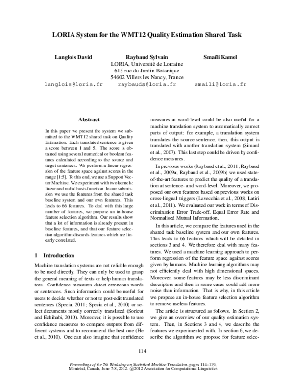 (PDF) LORIA System for the WMT12 Quality Estimation Shared Task