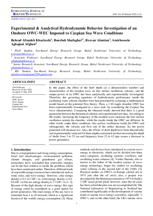 Pdf Experimental Analytical Hydrodynamic Behavior Investigation Of An Onshore Owc Wec Imposed To Caspian Sea Wave Conditions International Journal Of Maritime Technology Academia Edu