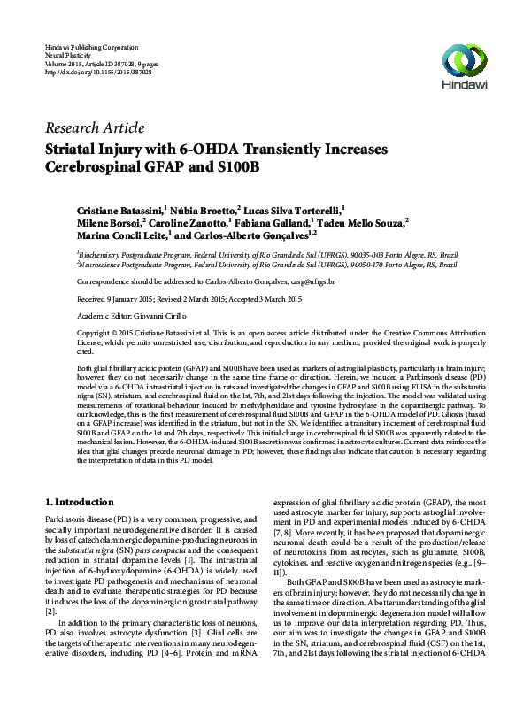 (PDF) Striatal Injury with 6-OHDA Transiently Increases Cerebrospinal ...