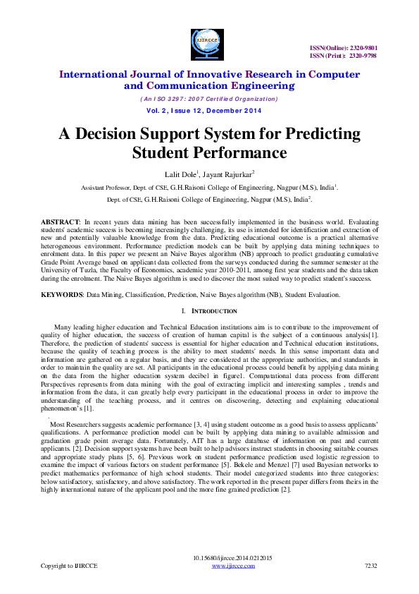 (PDF) A Decision Support System for Predicting Student Performance