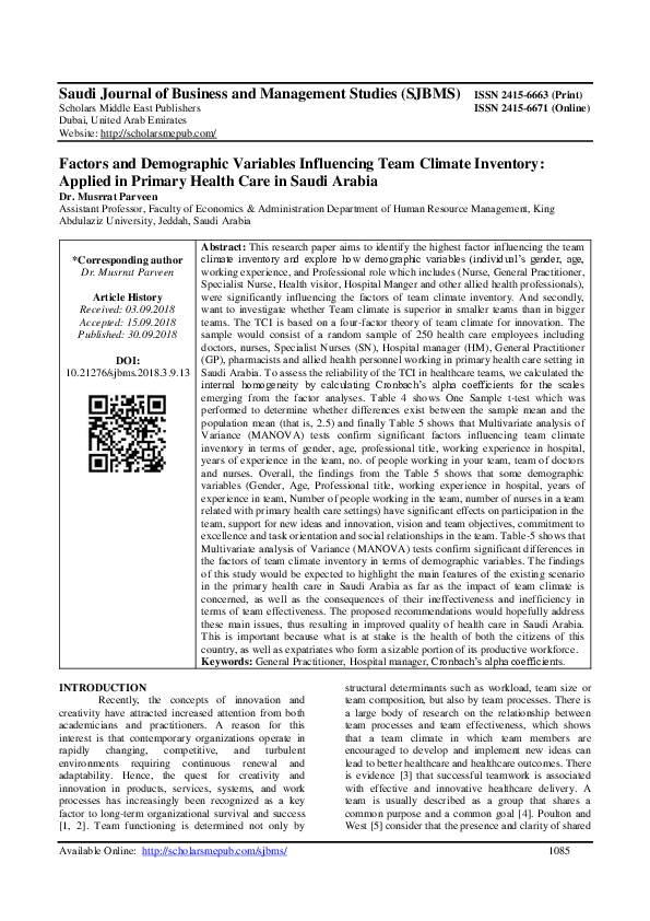 (PDF) Factors and Demographic Variables Influencing Team Climate ...