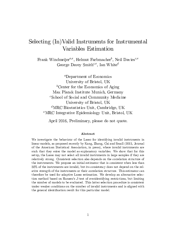 (PDF) Selecting ( In ) Valid Instruments for Instrumental Variables ...