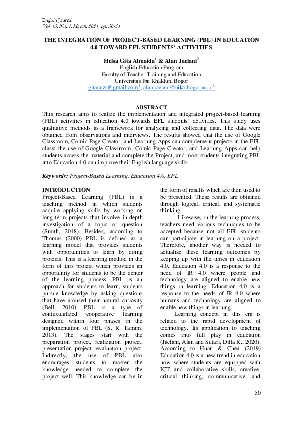 (PDF) The Integration of Project-Based Learning (PBL) in Education 4.0 ...