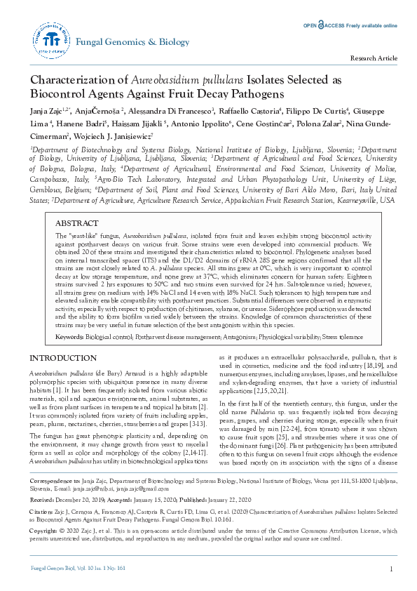 (PDF) Characterization of Aureobasidium pullulans Isolates Selected as ...