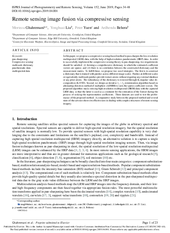 (PDF) Remote sensing image fusion via compressive sensing