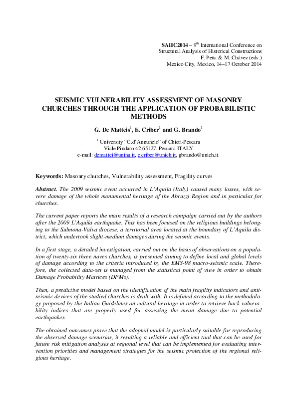 (PDF) Seismic vulnerability assessment of masonry churches through the ...