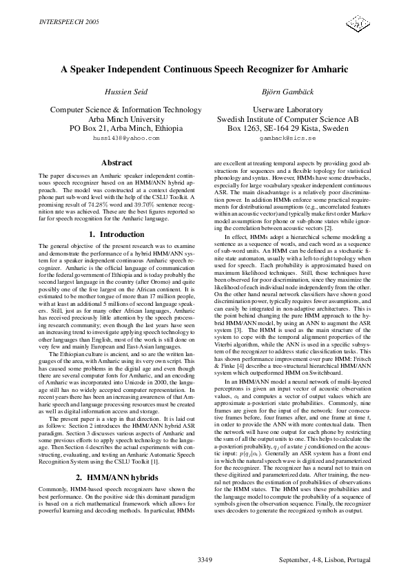 (PDF) A speaker independent continuous speech recognizer for Amharic