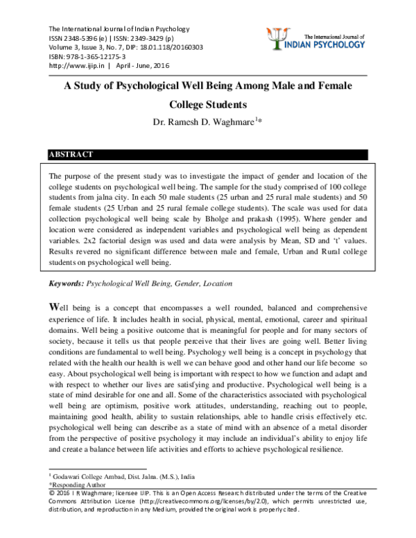 (PDF) A Study of Psychological Well Being Among Male and Female College ...
