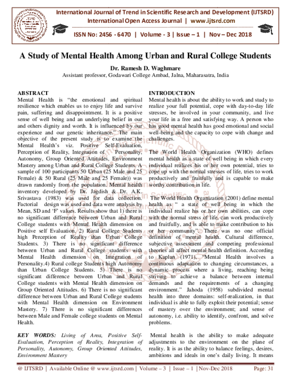 (PDF) A Study of Mental Health Among Urban and Rural College Students