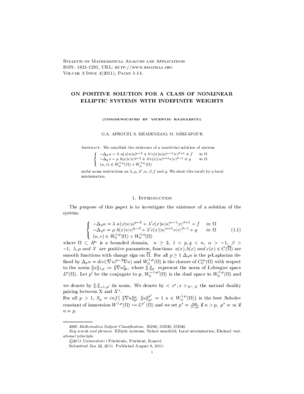 (PDF) On Positive Solution for a Class of Nonlinear Elliptic Systems ...