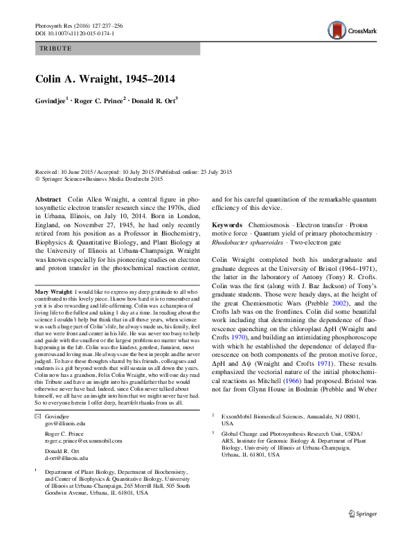 (PDF) Colin A. Wraight, 1945–2014