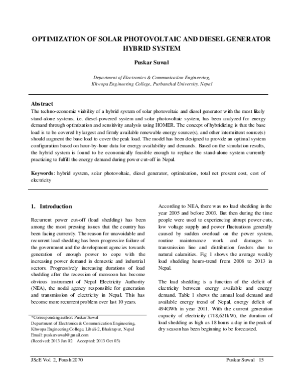 (PDF) Optimization of solar photovoltaic and diesel generator hybrid system