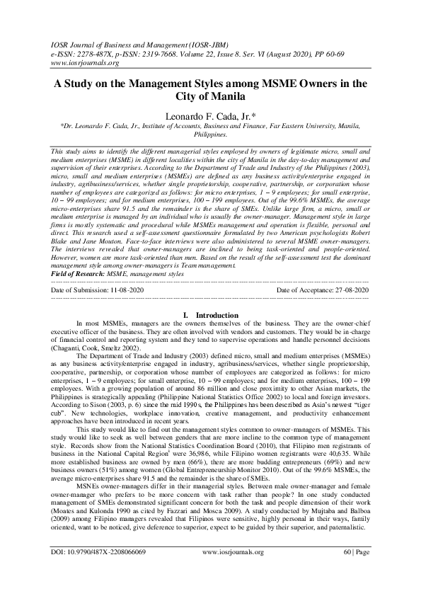 (PDF) A study on the management styles among msme owners in the city of ...