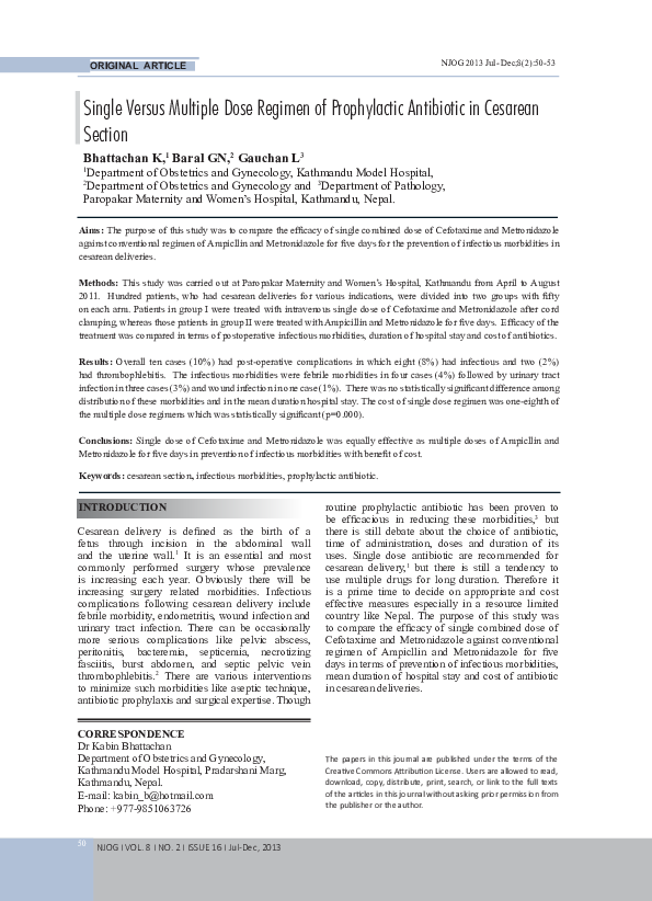 (PDF) Single Versus Multiple Dose Regimen of Prophylactic Antibiotic in ...