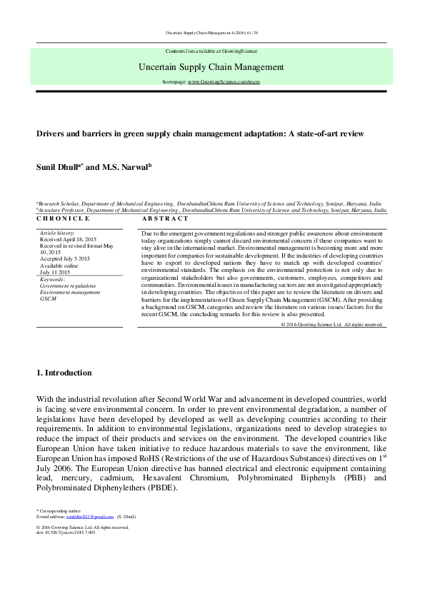 (PDF) Drivers and barriers in green supply chain management adaptation