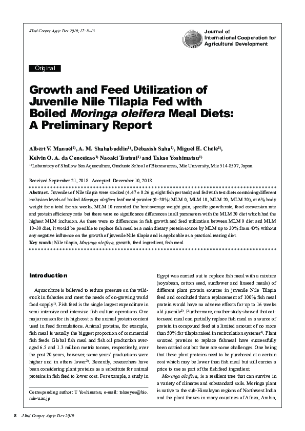 (PDF) Growth and Feed Utilization of Juvenile Nile Tilapia Fed with ...