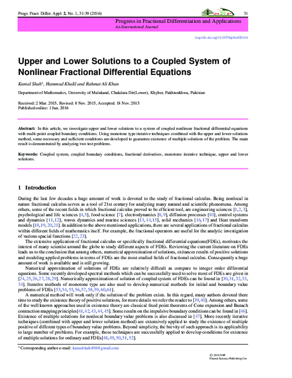 (PDF) Upper and Lower Solutions to a Coupled System of Nonlinear ...