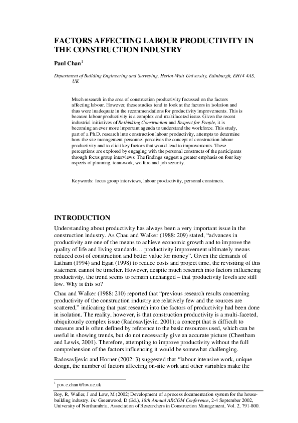 (PDF) Factors Affecting Labour Productivity in the Construction Industry