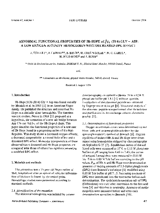 (PDF) Abnormal functional properties of Hb hope αCA2β2(H14) Gly → Asp ...