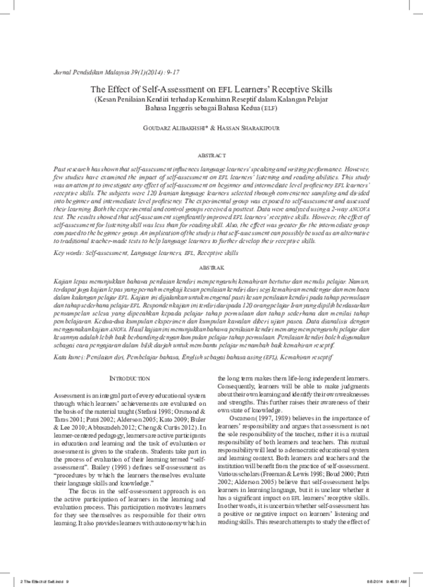 (PDF) The effect of self-assessment on EFL Learners’ receptive skills