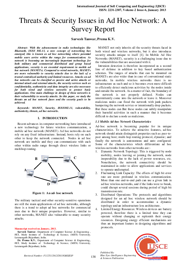 (PDF) Threats & Security Issues in Ad hoc network: A Survey Report