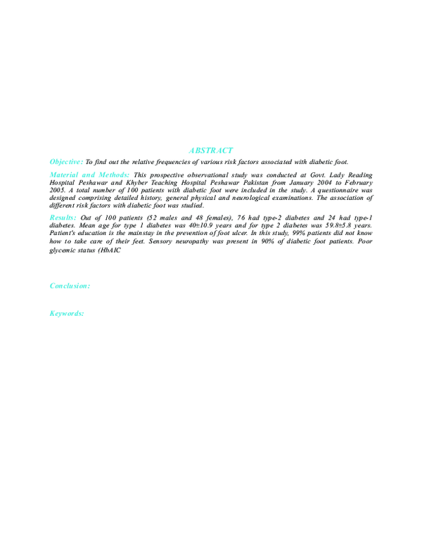 (PDF) Risk Factors Stratification in 100 Patients with Diabetic Foot