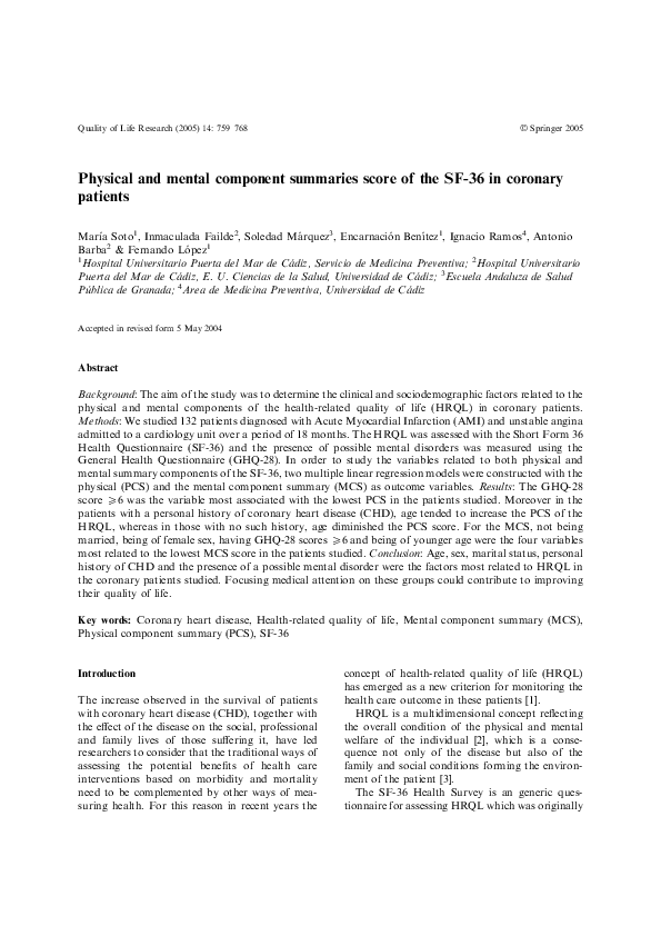 (PDF) Physical and mental component summaries score of the SF-36 in ...